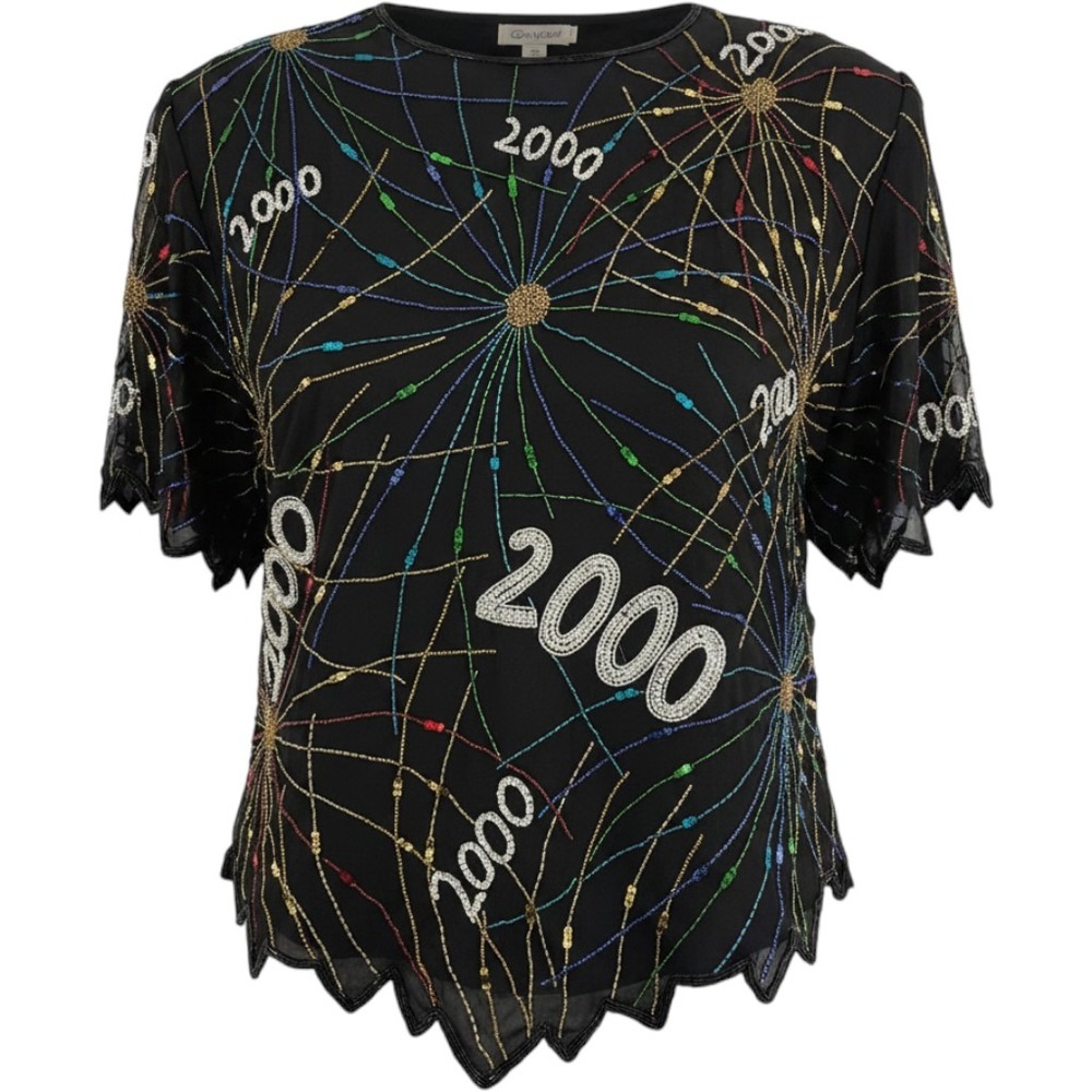 Laurence Kazar Beaded Silk Blouse Wmn 5X Black 2000 Millennium Vintage Y2K top